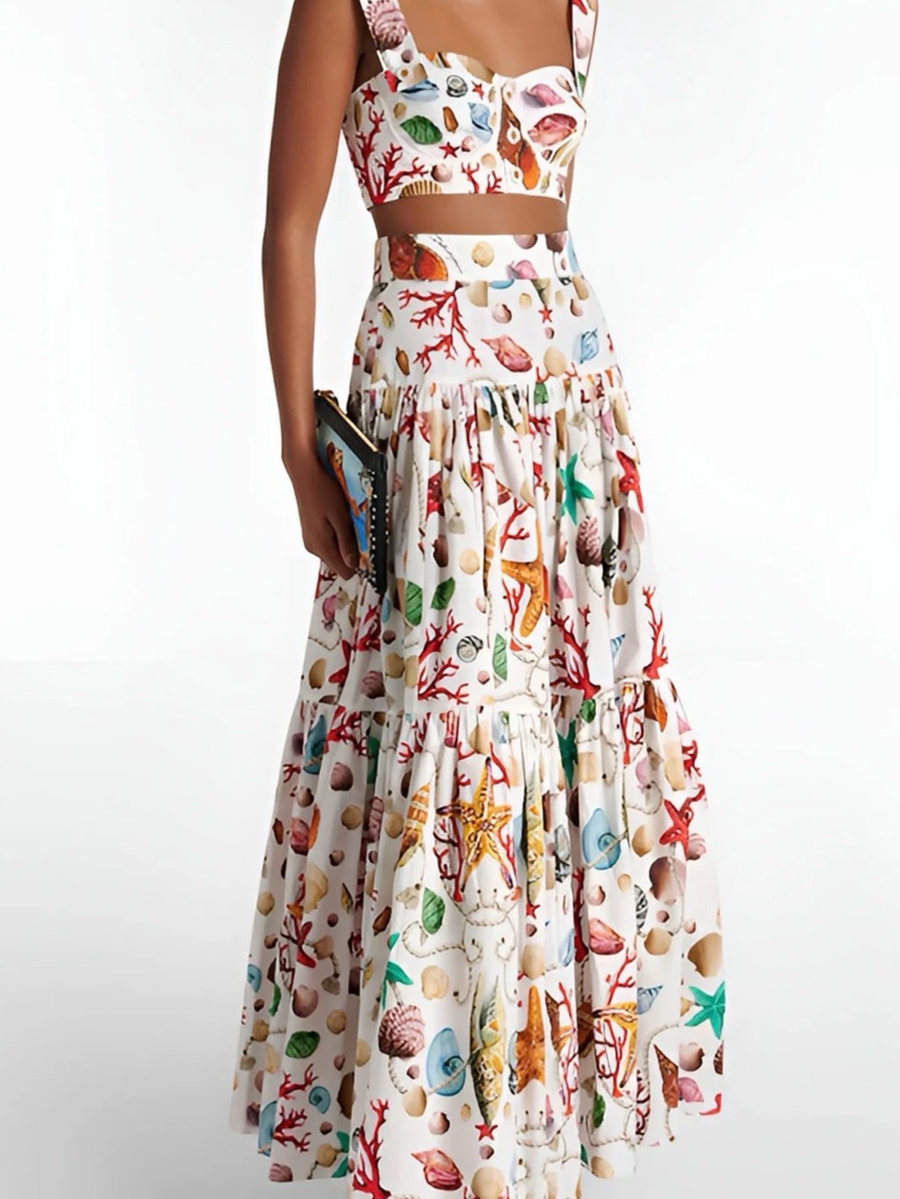 White Shell-Print Tiered Maxi Skirt